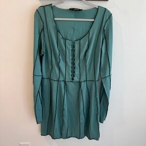 Finesse Karlie Lace Up Boss Dress Teal Green Exposed Seam Long Sleeve Mini 1X